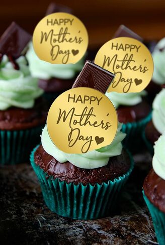 Happy Mothers Day Cupcake Toppers Acrylic 24 piece Rosegold Rhombus Cake Toppers Engraved Topper for Mother's Day Birthday Party Decorations in Kuwait