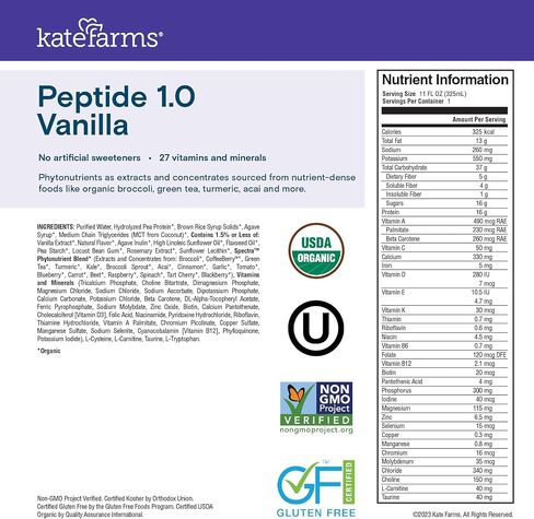 KATE FARMS Organic Adult Peptide 1.0 Formula, Plain, Sole-Source, Hydrolyzed Plant-Based Nutrition for Oral or Tube Feeding, 11 Fl oz (12 Pack) in Saudi Arabia
