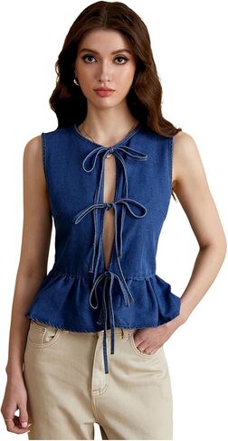 Women's Tie Front Peplum Denim Vest V Neck Sleeveless Going Out Jean Tops in Kuwait