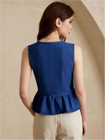 Women's Tie Front Peplum Denim Vest V Neck Sleeveless Going Out Jean Tops in Kuwait
