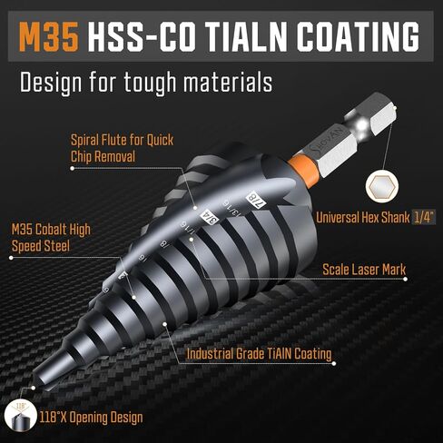 3PCS Unibit Step Drill Bit Set (1/4"-7/8"), M35 Cobalt, TiAlN Coated for Superior Durability, Spiral Cone Drill for Stainless Steel, Sheet Metal, Aluminum & Plastic in Saudi Arabia