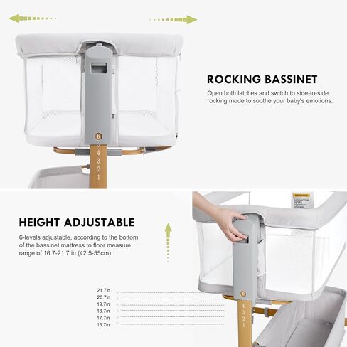 Baby Bassinet Bedside Sleeper, 3-in-1 Rocking Bassinet for Baby with 6-Level Height Adjustable, 4 Wheels & Breathable Mesh Walls, Portable Bedside Bassinet with Mattress for Newborn in Saudi Arabia