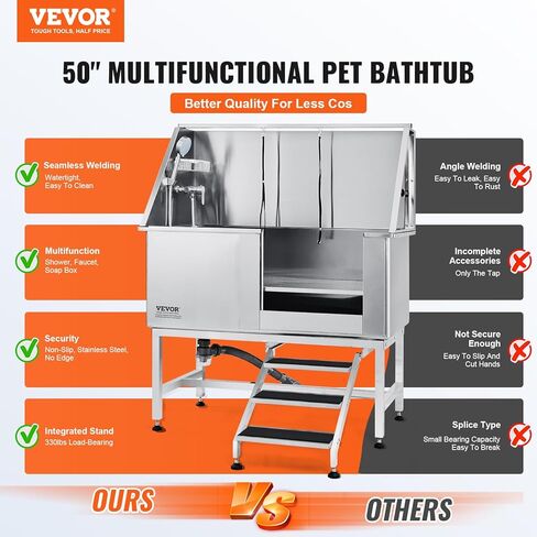 VEVOR 50 "Pet Dog Station W/الدرج ، حوض استحسان الكلاب المهنية من الفولاذ المقاوم للصدأ مع صندوق الصابون ، صنبور ، ملحق غني ، حوض استحمام للكلاب للحيوانات الأليفة الكبيرة ، والحيوانات الأليفة الصغيرة ، وحوض الغسيل للمنزل يمينًا in Kuwait