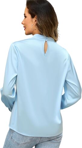 Neweek Womens Long Sleeve Mock Neck Blouses Satin Silk Elegant Pleated Shirts Tops for Business Office Work in Kuwait