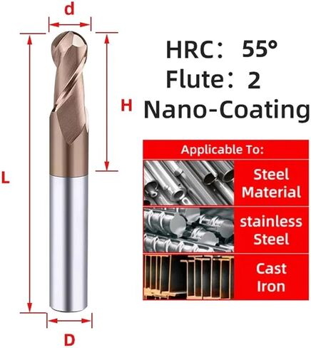 HRC55 Ball Nose End Mill Carbide Milling Cutter Router Bit for Metalworking CNC Lathe Tools Tungsten Steel Mill Tools(5pcs HRC55,R8xD16x100L) in Kuwait