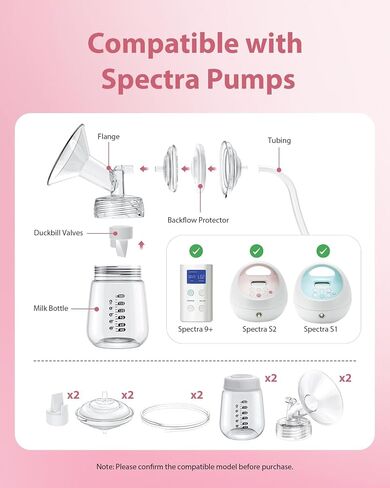 Pump Parts Compatible with Spectra S1/S2/9 Plus, Not Original Accessories, Full Set Replacements Include 24mm Flanges, Valves, Backflow Protectors (Duckbills Included), Tubings and Bottles in Saudi Arabia