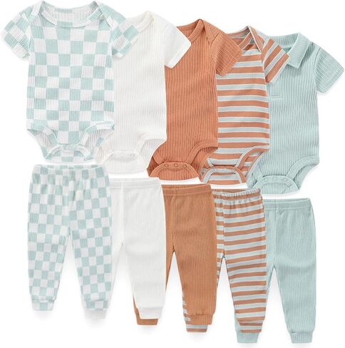 JELYLOVE 10 Pack Baby Boy Girl Bodysuits And Pants Sets New Born Outfits | classic baby pants set,easy to mix & match,100%cotton fabric,everyday wear,easy diaper changes,perfect for new parents in Saudi Arabia