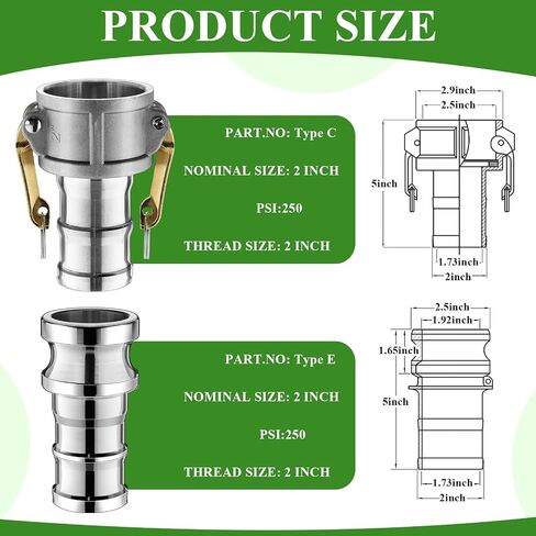 2 Set Camlock Fittings Type C&E 2 Inch Aluminum Cam and Groove Hose Fitting Kit include 2" Female Coupling Cam lock, 2" Male Adapter Camlock, Gasket, Hose Clamps for Industrial in Saudi Arabia