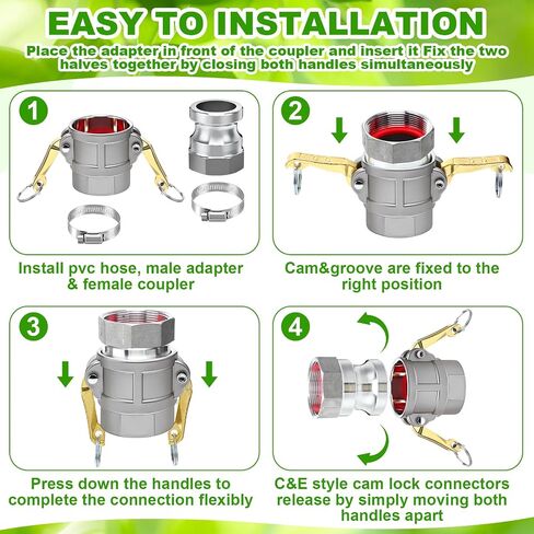 2 Set Camlock Fittings Type C&E 2 Inch Aluminum Cam and Groove Hose Fitting Kit include 2" Female Coupling Cam lock, 2" Male Adapter Camlock, Gasket, Hose Clamps for Industrial in Saudi Arabia