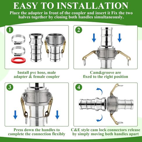 2 Set Camlock Fittings Type C&E 2 Inch Aluminum Cam and Groove Hose Fitting Kit include 2" Female Coupling Cam lock, 2" Male Adapter Camlock, Gasket, Hose Clamps for Industrial in Saudi Arabia