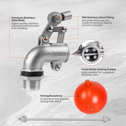 3/4 Inch Stainless Steel Float Valve for Water Tank, Heavy-Duty Design with Adjustable Angle Rod for Water Level Control, Includes 6 Inch Float Ball – Ideal for Water Troughs in Saudi Arabia