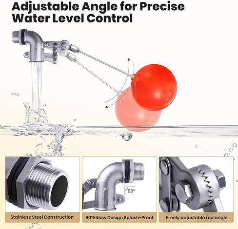 3/4 Inch Stainless Steel Float Valve for Water Tank, Heavy-Duty Design with Adjustable Angle Rod for Water Level Control, Includes 6 Inch Float Ball – Ideal for Water Troughs in Saudi Arabia