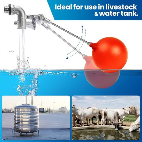 3/4 Inch Stainless Steel Float Valve for Water Tank, Heavy-Duty Design with Adjustable Angle Rod for Water Level Control, Includes 6 Inch Float Ball – Ideal for Water Troughs in Saudi Arabia