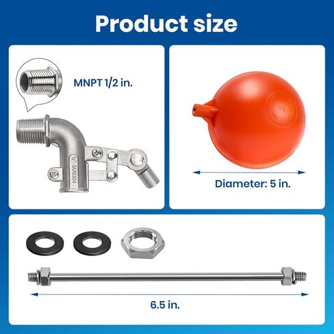 3/4 Inch Stainless Steel Float Valve for Water Tank, Heavy-Duty Design with Adjustable Angle Rod for Water Level Control, Includes 6 Inch Float Ball – Ideal for Water Troughs in Saudi Arabia