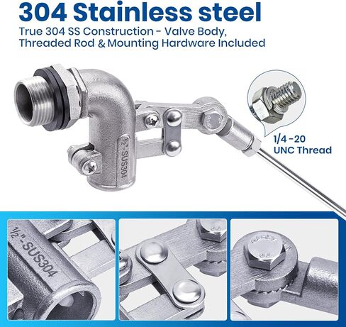 3/4 Inch Stainless Steel Float Valve for Water Tank, Heavy-Duty Design with Adjustable Angle Rod for Water Level Control, Includes 6 Inch Float Ball – Ideal for Water Troughs in Saudi Arabia