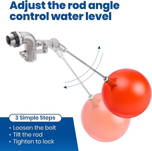 3/4 Inch Stainless Steel Float Valve for Water Tank, Heavy-Duty Design with Adjustable Angle Rod for Water Level Control, Includes 6 Inch Float Ball – Ideal for Water Troughs in Saudi Arabia