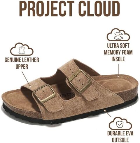Project Cloud 100% Genuine Leather Womens Sandals Slides for Women (Venita) | Cork Footbed Sandals for Women with Memory Foam and Arch Support Vacation Essentials Slides for Women Footwear Flat Sandals in Saudi Arabia