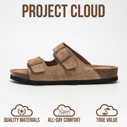 Project Cloud 100% Genuine Leather Womens Sandals Slides for Women (Venita) | Cork Footbed Sandals for Women with Memory Foam and Arch Support Vacation Essentials Slides for Women Footwear Flat Sandals in Saudi Arabia