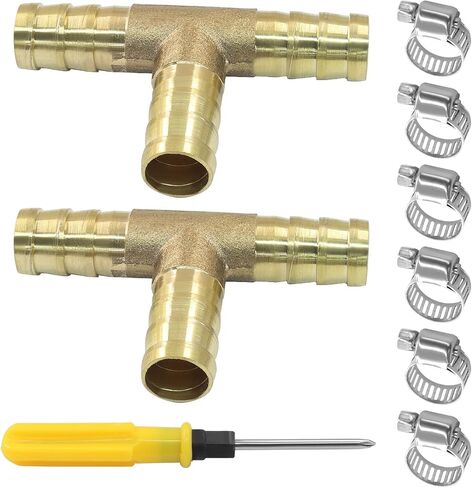 2 Pcs 3/8" Brass Tee Barb Fittings with 6 pcs Stainless Steel Pipe Clamps, 3 Way T Shape Union Intersection Hose Barb Splicer for Water/Fuel/Air in Saudi Arabia