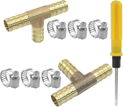 2 Pcs 3/8" Brass Tee Barb Fittings with 6 pcs Stainless Steel Pipe Clamps, 3 Way T Shape Union Intersection Hose Barb Splicer for Water/Fuel/Air in Saudi Arabia
