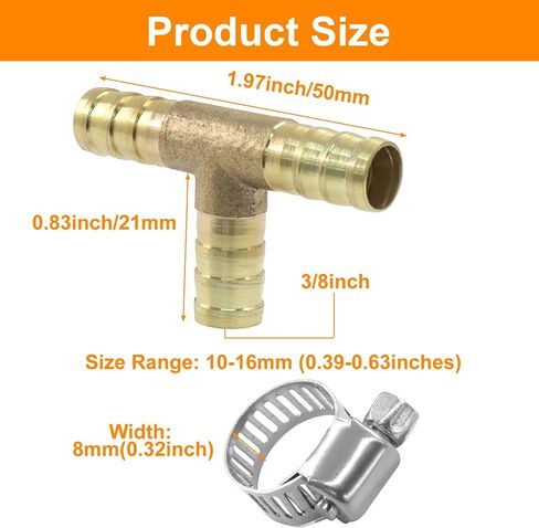 2 Pcs 3/8" Brass Tee Barb Fittings with 6 pcs Stainless Steel Pipe Clamps, 3 Way T Shape Union Intersection Hose Barb Splicer for Water/Fuel/Air in Saudi Arabia