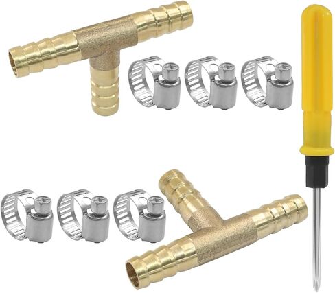 2 Pcs 3/8" Brass Tee Barb Fittings with 6 pcs Stainless Steel Pipe Clamps, 3 Way T Shape Union Intersection Hose Barb Splicer for Water/Fuel/Air in Saudi Arabia