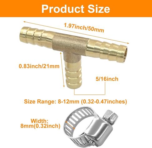 2 Pcs 3/8" Brass Tee Barb Fittings with 6 pcs Stainless Steel Pipe Clamps, 3 Way T Shape Union Intersection Hose Barb Splicer for Water/Fuel/Air in Saudi Arabia