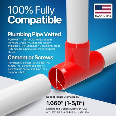 FORMUFIT 1-1/4" Tee Furniture Grade PVC Fitting in White, Made in USA, UV-Resistant, Impact-Proof, 1.660" Actual Socket Diameter (Pack of 4) - F114TEE-WH-4 in Kuwait