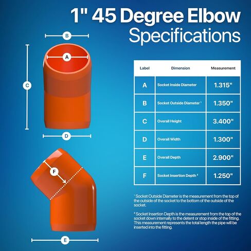 FORMUFIT 1" 45 Degree Furniture Grade PVC Fitting in Orange, Made in USA, UV-Resistant, Impact-Proof, 1.315" Actual Socket Diameter (Pack of 4) - F00145E-OR-4 in Kuwait