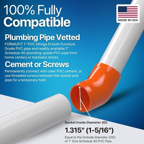 FORMUFIT 1" 45 Degree Furniture Grade PVC Fitting in Orange, Made in USA, UV-Resistant, Impact-Proof, 1.315" Actual Socket Diameter (Pack of 4) - F00145E-OR-4 in Kuwait
