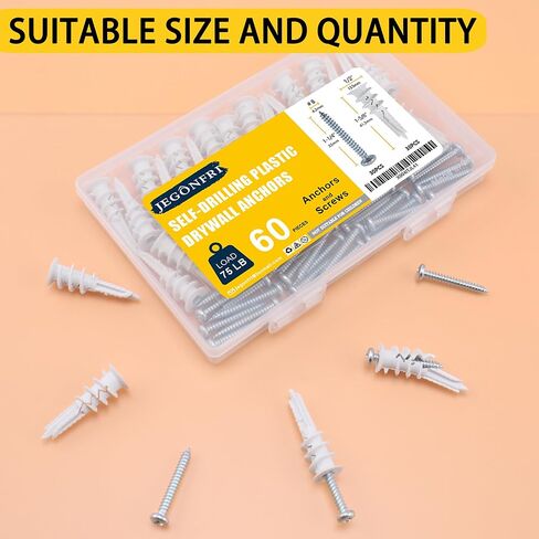 60pcs الحفر الذاتي حفر الجدران الجافة ومسامير #8 ، مرساة الجدران لجدران الجدران الثقيلة التي تصل إلى 75 رطل ، لا حفرة ما قبل الحفر المطلوبة ، مسامير الجدار الجاف ومجموعة المرساة in Kuwait