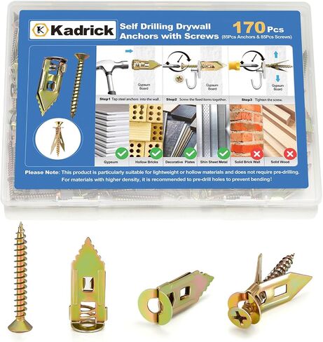 Kadrick 170Pcs Self Drilling Drywall Anchors with Screws, 2025 Upgraded Gypsum Board Anchors Kit, Easy Application No Drill or Holes in Wall, Recommends Hanging Weight Up to 30 lbs in Saudi Arabia