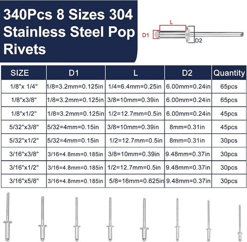 ZQZ 680pcs البوب البوب من الفولاذ المقاوم للصدأ ، 8 أحجام من المسامير غير القابل للصدأ مع 1/8 "5/32" in Saudi Arabia