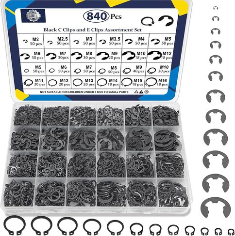 ZQZ 840Pcs C Clips Assortment (M5-M16) and E Clips Assortment Set (2.0mm-12mm), External Retaining Rings, 24 Sizes Snap Rings Assortment Kit, Black Carbon Steel Circlip Retaining Clip in Saudi Arabia