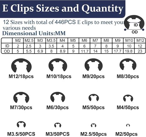 ZQZ 840Pcs C Clips Assortment (M5-M16) and E Clips Assortment Set (2.0mm-12mm), External Retaining Rings, 24 Sizes Snap Rings Assortment Kit, Black Carbon Steel Circlip Retaining Clip in Saudi Arabia