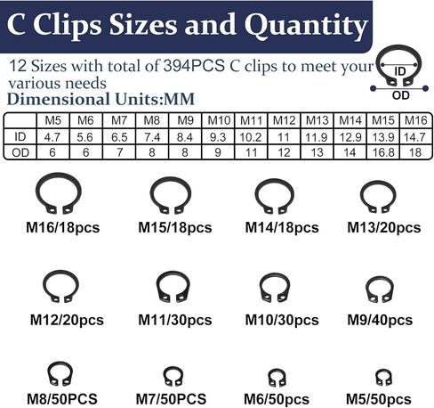 ZQZ 840Pcs C Clips Assortment (M5-M16) and E Clips Assortment Set (2.0mm-12mm), External Retaining Rings, 24 Sizes Snap Rings Assortment Kit, Black Carbon Steel Circlip Retaining Clip in Saudi Arabia
