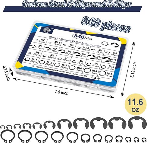 ZQZ 840Pcs C Clips Assortment (M5-M16) and E Clips Assortment Set (2.0mm-12mm), External Retaining Rings, 24 Sizes Snap Rings Assortment Kit, Black Carbon Steel Circlip Retaining Clip in Saudi Arabia