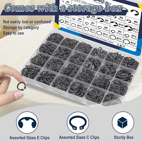 ZQZ 840Pcs C Clips Assortment (M5-M16) and E Clips Assortment Set (2.0mm-12mm), External Retaining Rings, 24 Sizes Snap Rings Assortment Kit, Black Carbon Steel Circlip Retaining Clip in Saudi Arabia