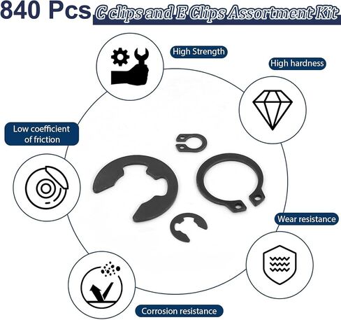 ZQZ 840Pcs C Clips Assortment (M5-M16) and E Clips Assortment Set (2.0mm-12mm), External Retaining Rings, 24 Sizes Snap Rings Assortment Kit, Black Carbon Steel Circlip Retaining Clip in Saudi Arabia