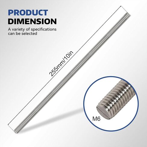 4 Pcs 304 Stainless Steel M6 Fully Threaded Rod,10"(255mm) Long Threaded Rod,Right Hand Threads，with Nuts (4, M6x255mm) in Kuwait