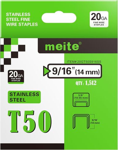 meite T50 Stainless Steel Staples Marine, 9/16 Inch Heavy Duty Staples for Staple Gun - 1512 Counts, 20 Gauge 3/8 Inch Crown T50 Upholstery Staple for Salt Water, Marine Applications in Saudi Arabia