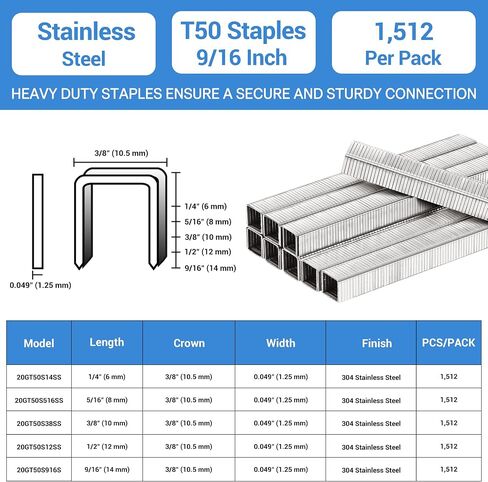 meite T50 Stainless Steel Staples Marine, 9/16 Inch Heavy Duty Staples for Staple Gun - 1512 Counts, 20 Gauge 3/8 Inch Crown T50 Upholstery Staple for Salt Water, Marine Applications in Saudi Arabia