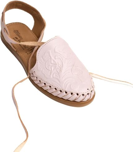 Mexico en la Piel Women's Lace-Up Huarache Sandals - Genuine Leather, Handmade with Floral Cut-Out Design, Casual Comfortable Flats, Closed-Toe and Open-Toe Options, Black and White Colors in Kuwait