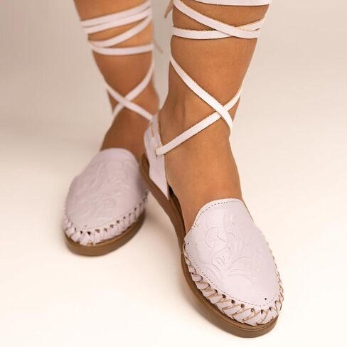 Mexico en la Piel Women's Lace-Up Huarache Sandals - Genuine Leather, Handmade with Floral Cut-Out Design, Casual Comfortable Flats, Closed-Toe and Open-Toe Options, Black and White Colors in Kuwait