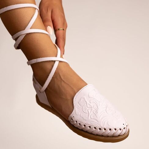 Mexico en la Piel Women's Lace-Up Huarache Sandals - Genuine Leather, Handmade with Floral Cut-Out Design, Casual Comfortable Flats, Closed-Toe and Open-Toe Options, Black and White Colors in Kuwait