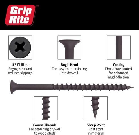 Grip Rite 158CDWS1 1-5/8-Inch 6 Coarse Thread Drywall Screw with Bugle Head, 1 Pound, Black, 200 Count in Saudi Arabia