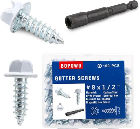 Self-Tapping Gutter Screws White Painted Slotted Hex Washer Head #8 x 1/2" Zinc Plated Finish, Includes 1/4" Magnetic Hex Driver - for Gutter Install in Saudi Arabia