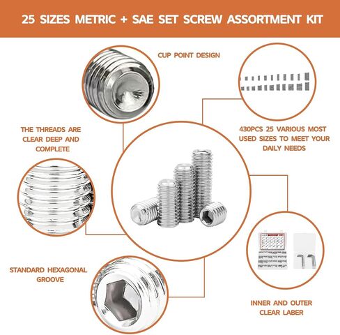 360 Pcs 25 Size Set Screw Assortment Kit Metric & SAE Allen Set Screws for Bathroom Fixture 304 Stainless Steel Internal Hex Drive Cup-Point for Door Knob, Faucets(M3-M8, 1/8"-40 to 5/16"-18) in Saudi Arabia