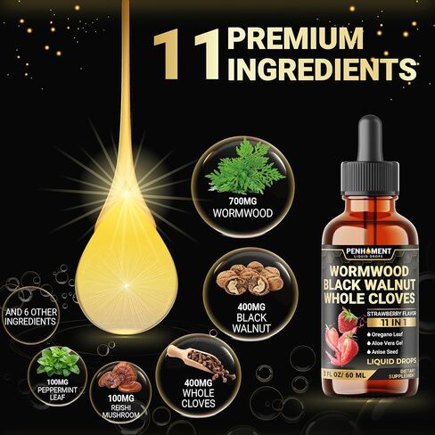 11in1 Wormwood Liquid Drops with Black Walnut Cloves, Vitamin C and D3 & 6 More - 2 FL OZ for 60 Days - Lemon Flavor in Saudi Arabia