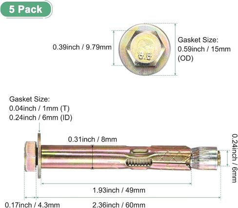 5-Pack Hex Expansion Bolt, M6x60mm Colored Galvanized Iron-Carbon Steel External Hex Expansion Bolts, Anti-Corrosion Metal Bolt for Concrete/Dry Brick/Block Walls in Saudi Arabia